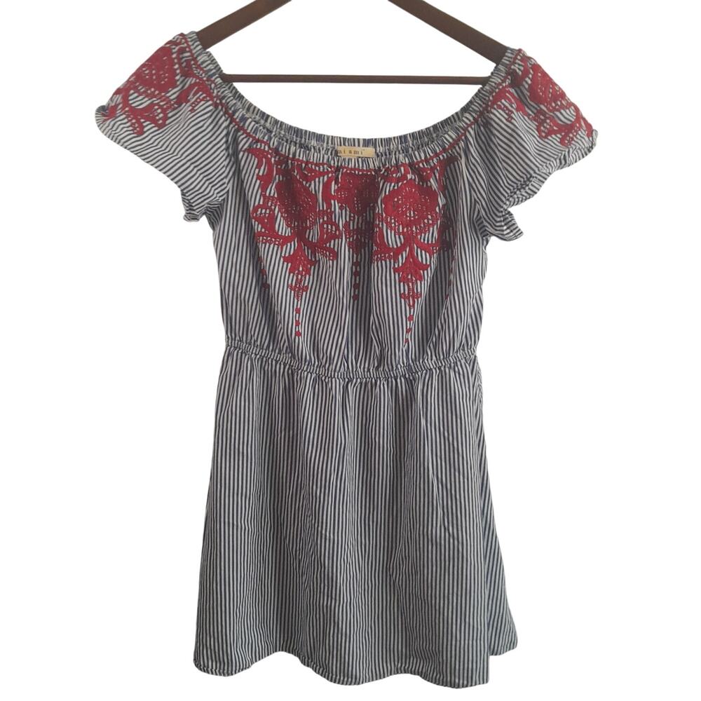 Miami Off Shoulder Mini Dress Blue White Cotton‎ Women S Floral Embroidered BOHO